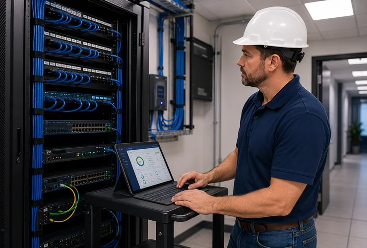 it-usa-services-commercial-infrastructure-division-27-communications Technician reviewing structured cabling and communications infrastructure for Division 27 services