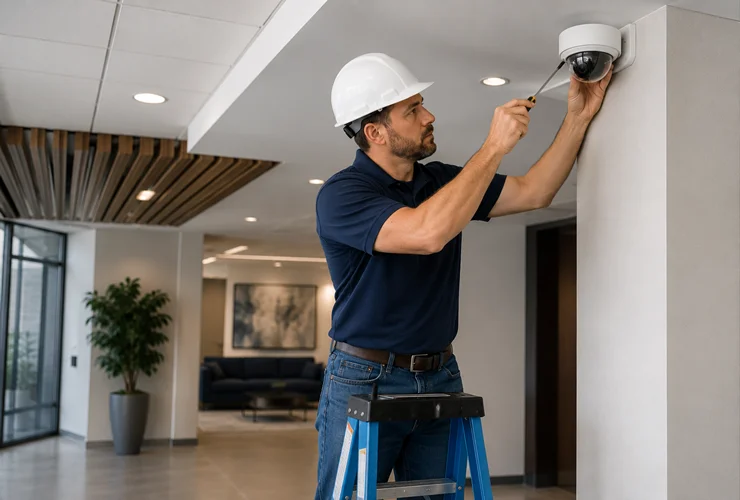 it-usa-services-commercial-infrastructure-division-28-electronic-safety-security Technician installing a commercial security camera for Division 28 safety and security services