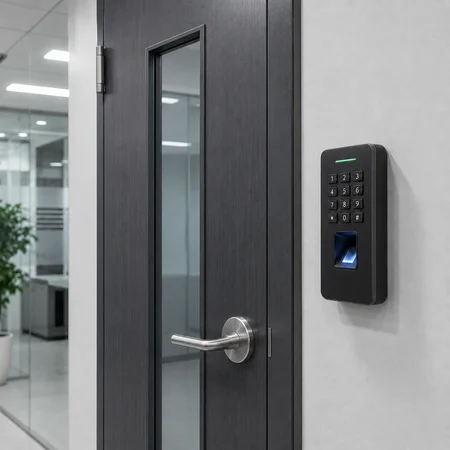 access-control-systems Electronic access control reader installed beside a commercial office door