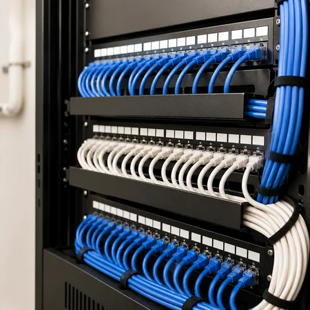 CAT6 and CAT6A network cabling connected to patch panels