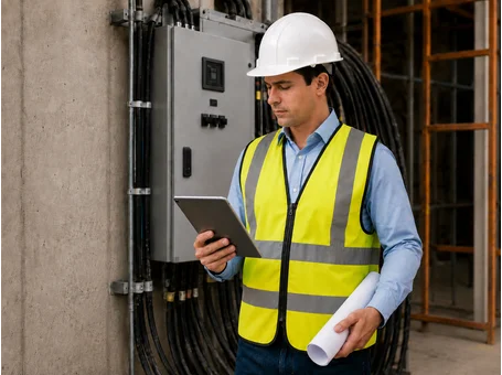 Commercial electrical technician reviewing project details on a tablet beside electrical panels and bundled cables