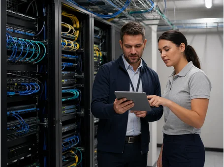 Two communications professionals reviewing a tablet beside network racks with structured cabling and patch panels