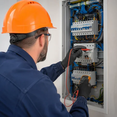 electrical-installations Electrician performing a commercial electrical panel installation