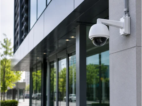 Dome security camera installed on the exterior of a modern commercial building