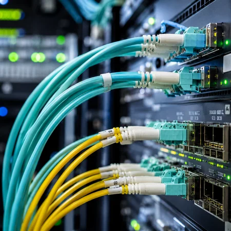 Fiber optic cables connected to commercial network equipment