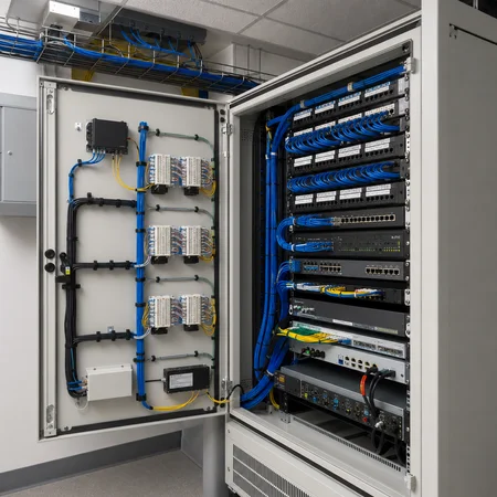 MDF and IDF telecommunications equipment installed in a network room