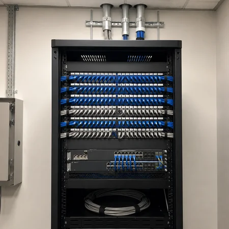 Patch panels and network rack installed for commercial communications