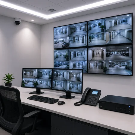 security-camera-systems-cctv Commercial CCTV monitoring station with multiple security camera feeds