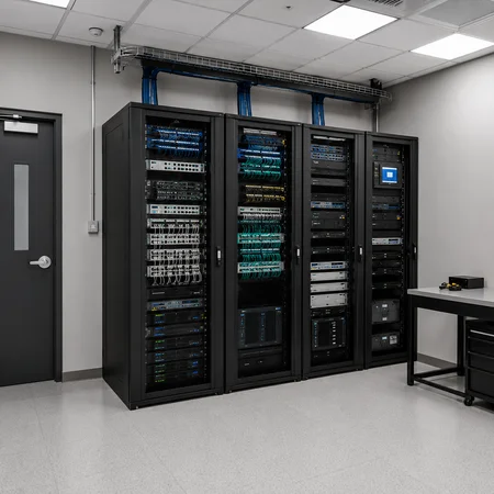 Commercial server room with organized network racks and cabling