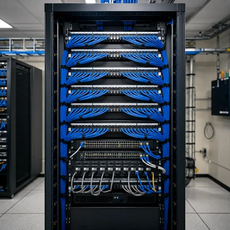 Structured cabling installed in a commercial network rack