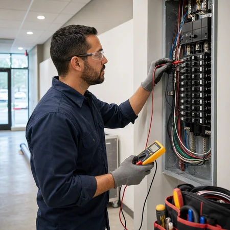 tenant-improvement-electrical-work Electrician completing electrical work for a commercial tenant improvement