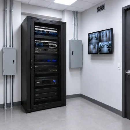 video-surveillance-infrastructure Video surveillance network rack and recording equipment in a security room